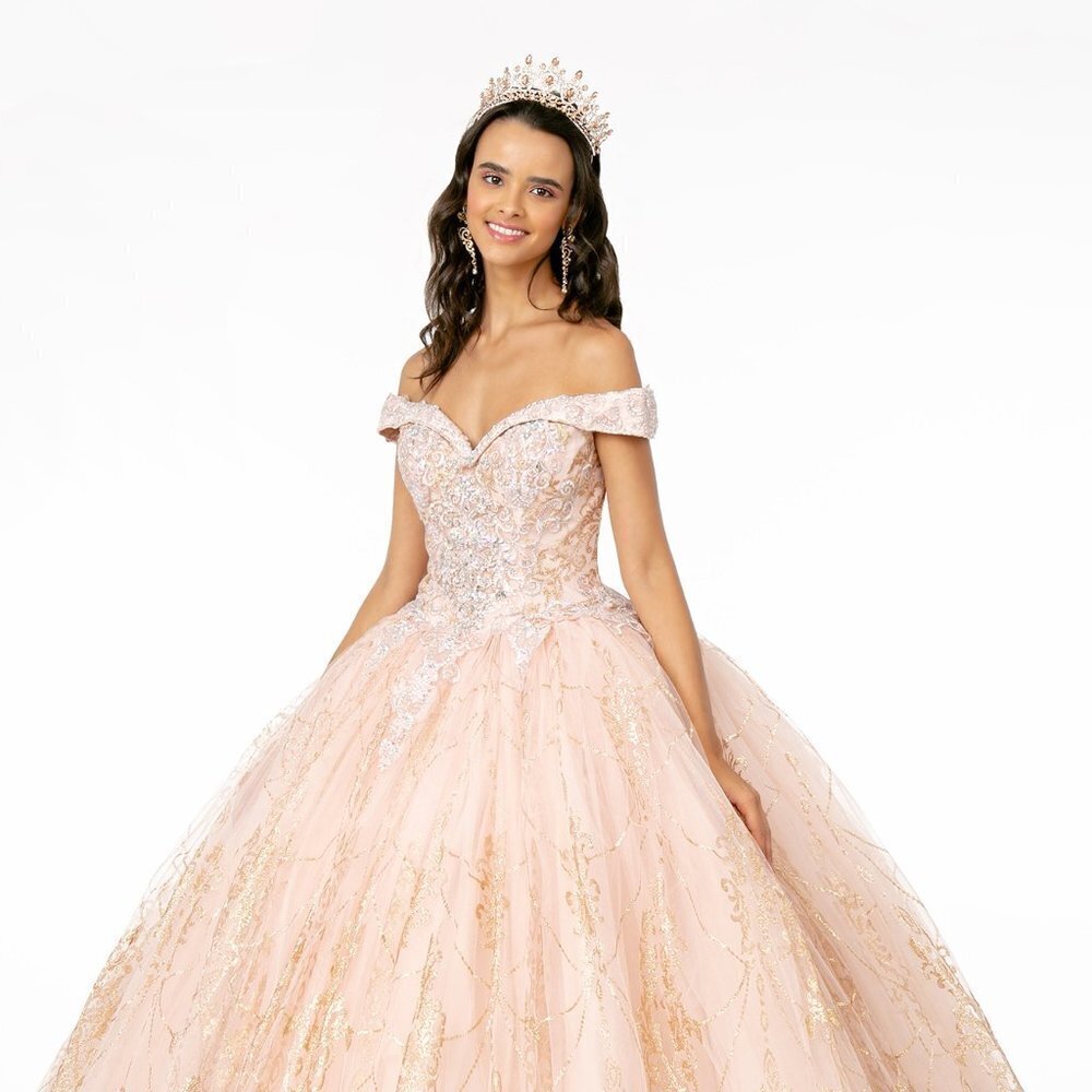 NEW LONG MESH OFF THE SHOULDER SLEEVELESS BALL GOWN WITH LACED BACK GL2910